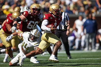 Oct 21, 2023; Atlanta, Georgia, USA; Boston College Eagles quarterback Thomas Castellanos (1) runs the ball against the Georgia Tech Yellow Jackets in the second quarter at Bobby Dodd Stadium at Hyundai Field. Mandatory Credit: Brett Davis-USA TODAY Sports