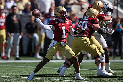 Oct 21, 2023; Atlanta, Georgia, USA; Boston College Eagles quarterback Thomas Castellanos (1) throws a pass against the Georgia Tech Yellow Jackets in the second half at Bobby Dodd Stadium at Hyundai Field. Mandatory Credit: Brett Davis-USA TODAY Sports