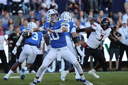 Oct 21, 2023; Provo, Utah, USA; Brigham Young Cougars quarterback Kedon Slovis (10) passes the ball against the Texas Tech Red Raiders in the first quarter at LaVell Edwards Stadium. Mandatory Credit: Rob Gray-USA TODAY Sports
