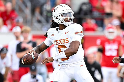 Oct 21, 2023; Houston, Texas, USA; Texas Longhorns quarterback Maalik Murphy (6) looks to pass the ball during the fourth quarter against the Houston Cougars at TDECU Stadium. Mandatory Credit: Maria Lysaker-USA TODAY Sports