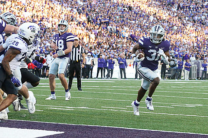 Oct 21, 2023; Manhattan, Kansas, USA; Kansas State Wildcats running back DJ Giddens (31) scores an easy touchdown during the first quarter against the TCU Horned Frogs at Bill Snyder Family Football Stadium. Mandatory Credit: Scott Sewell-USA TODAY Sports