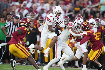 Oct 21, 2023; Los Angeles, California, USA; Utah Utes running back Ja'Quinden Jackson (3) carries the ball against the Southern California Trojans in the first half at United Airlines Field at Los Angeles Memorial Coliseum. Mandatory Credit: Kirby Lee-USA TODAY Sports