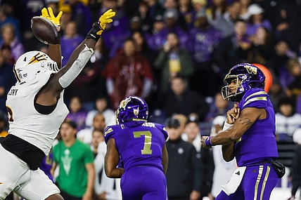 Oct 21, 2023; Seattle, Washington, USA; Arizona State Sun Devils defensive tackle Dashaun Mallory (0) blocks a pass attempt by Washington Huskies quarterback Michael Penix Jr. (9) during the second quarter at Alaska Airlines Field at Husky Stadium. Mandatory Credit: Joe Nicholson-USA TODAY Sports
