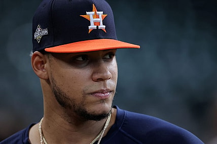 Oct 22, 2023; Houston, Texas, USA; Houston Astros relief pitcher Bryan Abreu (52) before game six of the ALCS for the 2023 MLB playoffs against the Texas Rangers at Minute Maid Park. Mandatory Credit: Erik Williams-USA TODAY Sports