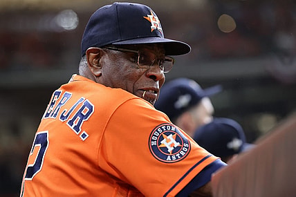 Oct 22, 2023; Houston, Texas, USA; Houston Astros manager Dusty Baker (12) in the first inning during game six of the ALCS for the 2023 MLB playoffs against the Texas Rangers at Minute Maid Park. Mandatory Credit: Troy Taormina-USA TODAY Sports