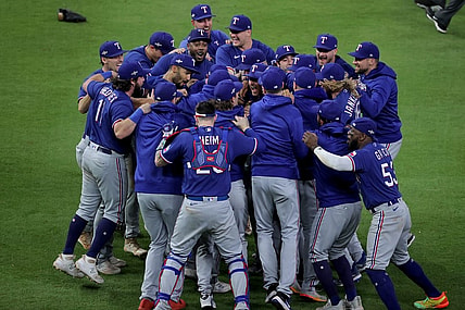 Oct 23, 2023; Houston, Texas, USA; Texas Rangers players celebrate after winning game seven in the ALCS against the Houston Astros for the 2023 MLB playoffs at Minute Maid Park.  Mandatory Credit: Erik Williams-USA TODAY Sports