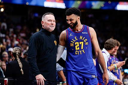 Oct 24, 2023; Denver, Colorado, USA; Denver Nuggets head coach Michael Malone and guard Jamal Murray (27) in the fourth quarter against the Los Angeles Lakers at Ball Arena. Mandatory Credit: Isaiah J. Downing-USA TODAY Sports