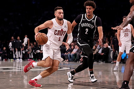 Oct 25, 2023; Brooklyn, New York, USA; Cleveland Cavaliers guard Max Strus (1) drives to the basket against Brooklyn Nets forward Cameron Johnson (2) during the second quarter at Barclays Center. Mandatory Credit: Brad Penner-USA TODAY Sports