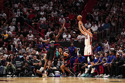 Oct 25, 2023; Miami, Florida, USA; Miami Heat forward Duncan Robinson (55) attempts a three point shot against the Detroit Pistons during the first half at Kaseya Center. Mandatory Credit: Jasen Vinlove-USA TODAY Sports