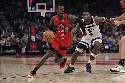 Oct 25, 2023; Toronto, Ontario, CAN; Toronto Raptors guard Dennis Schroder (17) drives to the net past Minnesota Timberwolves guard Anthony Edwards (5) during the second half at Scotiabank Arena. Mandatory Credit: John E. Sokolowski-USA TODAY Sports