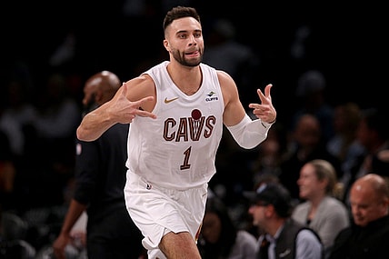 Oct 25, 2023; Brooklyn, New York, USA; Cleveland Cavaliers guard Max Strus (1) reacts after hitting a three point shot against the Brooklyn Nets during the third quarter at Barclays Center. Mandatory Credit: Brad Penner-USA TODAY Sports
