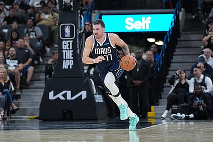Oct 25, 2023; San Antonio, Texas, USA; Dallas Mavericks guard Luka Doncic (77) dribbles in the first half against the San Antonio Spurs at the Frost Bank Center. Mandatory Credit: Daniel Dunn-USA TODAY Sports