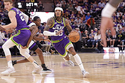 Oct 25, 2023; Salt Lake City, Utah, USA;  Utah Jazz guard Jordan Clarkson (00) controls the ball during the second half against the Sacramento Kings at Delta Center. Mandatory Credit: Chris Nicoll-USA TODAY Sports