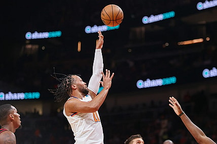 Oct 27, 2023; Atlanta, Georgia, USA; New York Knicks guard Jalen Brunson (11) shoots against the Atlanta Hawks in the first quarter at State Farm Arena. Mandatory Credit: Brett Davis-USA TODAY Sports