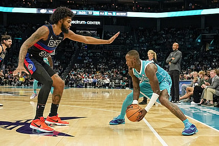 Oct 27, 2023; Charlotte, North Carolina, USA; Charlotte Hornets guard Terry Rozier (3) handles the ball against Detroit Pistons forward Marvin Bagley III (35) during the second quarter at Spectrum Center. Mandatory Credit: Jim Dedmon-USA TODAY Sports