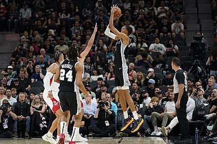 Oct 27, 2023; San Antonio, Texas, USA; San Antonio Spurs forward Victor Wembanyama (1) shoots during the first half against the Houston Rockets at Frost Bank Center. Mandatory Credit: Scott Wachter-USA TODAY Sports