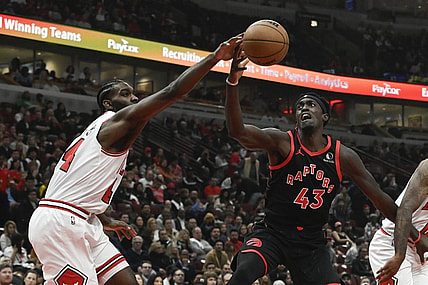 Oct 27, 2023; Chicago, Illinois, USA;  Chicago Bulls forward Patrick Williams (44) plays for the ball against Toronto Raptors forward Pascal Siakam (43) during the first half at the United Center. Mandatory Credit: Matt Marton-USA TODAY Sports