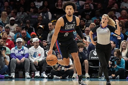 Oct 27, 2023; Charlotte, North Carolina, USA; Detroit Pistons guard Cade Cunningham (2) brings up the ball during the second half against the Charlotte Hornets  at Spectrum Center. Mandatory Credit: Jim Dedmon-USA TODAY Sports