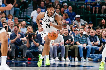 Oct 27, 2023; Dallas, Texas, USA; Brooklyn Nets guard Cam Thomas (24) breaks up the court during the third quarter against the Dallas Mavericks at American Airlines Center. Mandatory Credit: Andrew Dieb-USA TODAY Sports