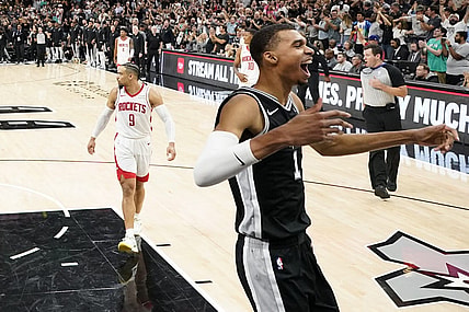 Oct 27, 2023; San Antonio, Texas, USA; San Antonio Spurs forward Victor Wembanyama (1) celebrates his first NBA victory after the Spurs defeated the Houston Rockets at Frost Bank Center. Mandatory Credit: Scott Wachter-USA TODAY Sports