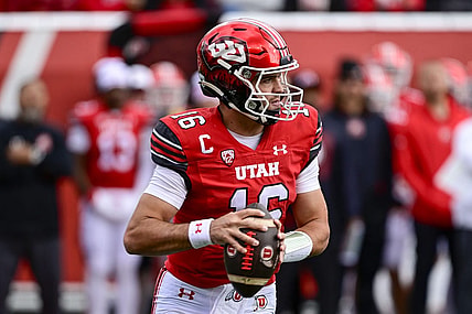 Oct 28, 2023; Salt Lake City, Utah, USA; Utah Utes quarterback Bryson Barnes (16) steps out of the pocket against the Oregon Ducks during the first half at Rice-Eccles Stadium. Mandatory Credit: Christopher Creveling-USA TODAY Sports
