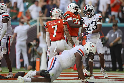 Oct 28, 2023; Miami Gardens, Florida, USA; Miami Hurricanes running back Ajay Allen (28) celebrates after scoring a touchdown against the Virginia Cavaliers during the third quarter at Hard Rock Stadium. Mandatory Credit: Sam Navarro-USA TODAY Sports