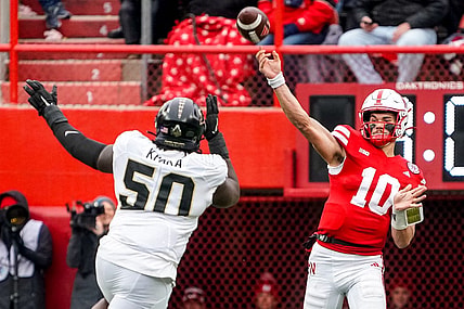 Oct 28, 2023; Lincoln, Nebraska, USA; Nebraska Cornhuskers quarterback Heinrich Haarberg (10) passes against the Purdue Boilermakers during the second quarter at Memorial Stadium. Mandatory Credit: Dylan Widger-USA TODAY Sports