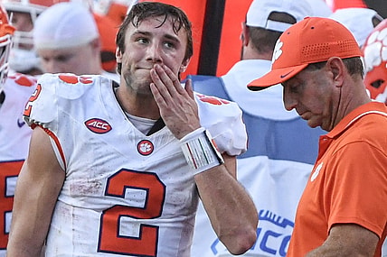 Oct 28, 2023; Raleigh, North Carolina, USA; Clemson Tigers quarterback Cade Klubnik (2) and head coach Dabo Swinney react after a game against the North Carolina State Wolfpack at Carter-Finley Stadium. North Carolina State won 24-17. Mandatory Credit: Ken Ruinard-USA TODAY Sports
