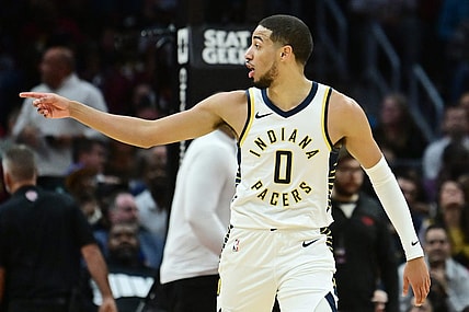 Oct 28, 2023; Cleveland, Ohio, USA; Indiana Pacers guard Tyrese Haliburton (0) taunts the crowd after shooting a three point basket during the second half against the Cleveland Cavaliers at Rocket Mortgage FieldHouse. Mandatory Credit: Ken Blaze-USA TODAY Sports