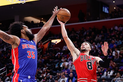 Oct 28, 2023; Detroit, Michigan, USA;  Chicago Bulls guard Zach LaVine (8) shoots on Detroit Pistons forward Marvin Bagley III (35) in the second half at Little Caesars Arena. Mandatory Credit: Rick Osentoski-USA TODAY Sports