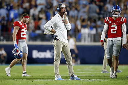 Oct 28, 2023; Oxford, Mississippi, USA; Mississippi Rebels head coach Lane Kiffin watches during a timeout during the second half against the Vanderbilt Commodores at Vaught-Hemingway Stadium. Mandatory Credit: Petre Thomas-USA TODAY Sports