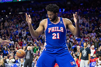 Oct 29, 2023; Philadelphia, Pennsylvania, USA; Philadelphia 76ers center Joel Embiid (21) reacts after a score against the Portland Trail Blazers during the third quarter at Wells Fargo Center. Mandatory Credit: Bill Streicher-USA TODAY Sports