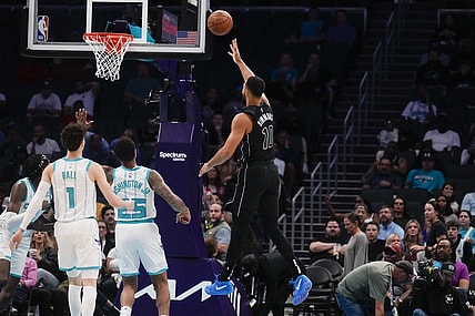 Oct 30, 2023; Charlotte, North Carolina, USA; Brooklyn Nets guard Ben Simmons (10) attempts a shot against the Charlotte Hornets during the first quarter at Spectrum Center. Mandatory Credit: Jim Dedmon-USA TODAY Sports