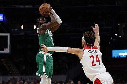 Oct 30, 2023; Washington, District of Columbia, USA; Boston Celtics guard Jaylen Brown (7) shoots the ball over Washington Wizards forward Corey Kispert (24) in the second quarter at Capital One Arena. Mandatory Credit: Geoff Burke-USA TODAY Sports