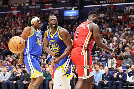 Oct 30, 2023; New Orleans, Louisiana, USA; Golden State Warriors forward Draymond Green (23) reacts to a foul call in the first quarter at Smoothie King Center. Mandatory Credit: Matthew Dobbins-USA TODAY Sports