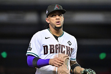 Oct 30, 2023; Phoenix, Arizona, USA; Arizona Diamondbacks second baseman Ketel Marte (4) looks on in the fifth inning against the Texas Rangers in game three of the 2023 World Series at Chase Field. Mandatory Credit: Matt Kartozian-USA TODAY Sports