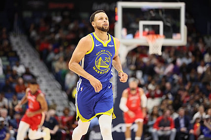 Oct 30, 2023; New Orleans, Louisiana, USA; Golden State Warriors guard Stephen Curry (30) runs down the court after making a 3-point shot in the first quarter at Smoothie King Center. Mandatory Credit: Matthew Dobbins-USA TODAY Sports