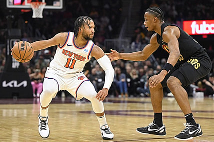 Oct 31, 2023; Cleveland, Ohio, USA; Cleveland Cavaliers forward Isaac Okoro (35) defends New York Knicks guard Jalen Brunson (11) in the second quarter at Rocket Mortgage FieldHouse. Mandatory Credit: David Richard-USA TODAY Sports
