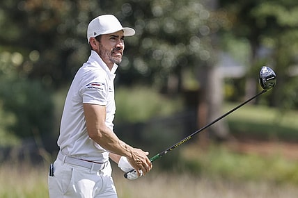 Aug 5, 2022; Greensboro, North Carolina, USA; Camilo Villegas watches his shot off the 9th tee box during the second round of the Wyndham Championship golf tournament. Mandatory Credit: Nell Redmond-USA TODAY Sports