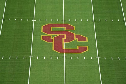 Sep 17, 2022; Los Angeles, California, USA; The SC Trojans logo at midfield at United Airlines Field at Los Angeles Memorial Coliseum before a game between the Fresno State Bulldogs and the Southern California Trojans. Mandatory Credit: Kirby Lee-USA TODAY Sports
