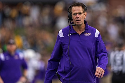 Sep 24, 2022; Boone, North Carolina, USA; James Madison Dukes head coach Curt Cignetti walks the sideline during a game against the Appalachian State Mountaineers at Kidd Brewer Stadium. Mandatory Credit: David Yeazell-USA TODAY Sports