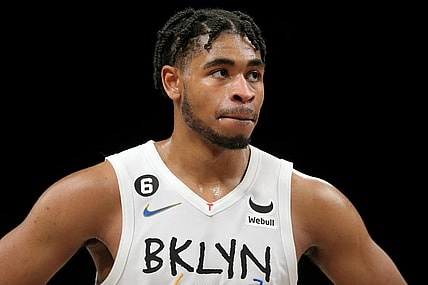 Feb 4, 2023; Brooklyn, New York, USA; Brooklyn Nets guard Cam Thomas (24) reacts during the fourth quarter against the Washington Wizards at Barclays Center. Mandatory Credit: Brad Penner-USA TODAY Sports