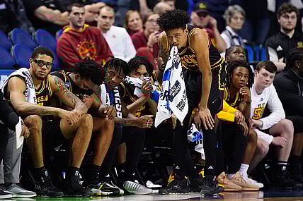 Kennesaw State Owls guard Quincy Ademokoya (24), Kennesaw State Owls forward Alex Peterson (10) and the the Kennesaw State Owls bench react to the losing scoreline in the second half of a first-round college basketball game against the Xavier Musketeers in the NCAA Tournament, Friday, March 17, 2023, at Greensboro Coliseum in Greensboro, N.C. The Xavier Musketeers won, 72-67.

Ncaa Xavier Kennesaw State Basketball March 17 0013
