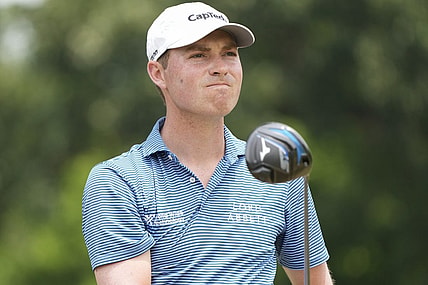 May 27, 2023; Fort Worth, Texas, USA; Ben Griffin watches his shot from the third tee during the third round of the Charles Schwab Challenge golf tournament. Mandatory Credit: Jim Cowsert-USA TODAY Sports