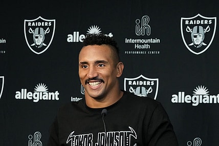 Jul 31, 2023; Henderson, NV, USA; Las Vegas Raiders fullback Jakob Johnson during training camp press conference at the Intermountain Health Performance Center. Mandatory Credit: Kirby Lee-USA TODAY Sports