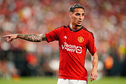 Jul 30, 2023; Las Vegas, Nevada, USA;  Manchester United forward Antony (21) competes during the second half against Borussia Dortmund at Allegiant Stadium. Mandatory Credit: Lucas Peltier-USA TODAY Sports