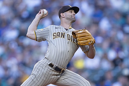 Aug 8, 2023; Seattle, Washington, USA; San Diego Padres starter Nick Martinez (21) delivers a pitch during the first inning against the Seattle Mariners at T-Mobile Park. Mandatory Credit: Stephen Brashear-USA TODAY Sports