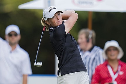 Aug 24, 2023; Vancouver, British Columbia, CAN; Stacy Lewis tees off on the seventeenth hole during the first round of the CPKC Women's Open golf tournament at Shaughnessy Golf & Country Club. Mandatory Credit: Bob Frid-USA TODAY Sports