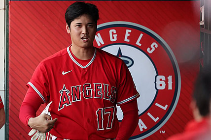 Aug 22, 2023; Anaheim, California, USA;  Los Angeles Angels designated hitter Shohei Ohtani (17) in the dugout during the MLB game against the Cincinnati Reds at Angel Stadium. Mandatory Credit: Kiyoshi Mio-USA TODAY Sports