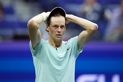 Sep 4, 2023; Flushing, NY, USA; Jannik Sinner of Italy reacts to an error against Alexander Zverev of Germany on day eight of the 2023 U.S. Open tennis tournament at USTA Billie Jean King National Tennis Center. Mandatory Credit: Danielle Parhizkaran-USA TODAY Sports